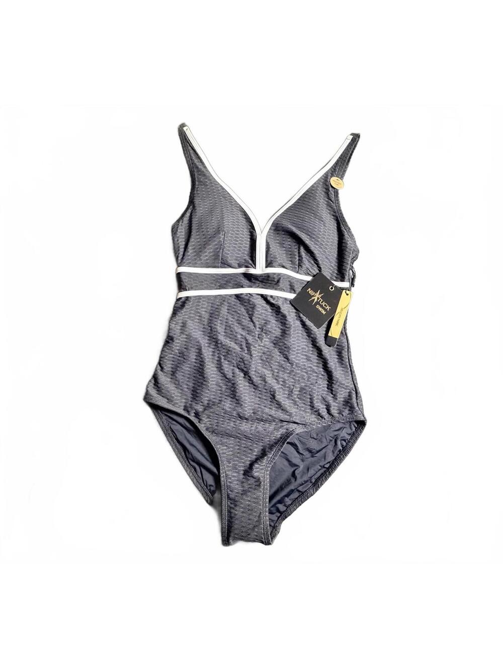 NIP TUCK black w white trim textured multi cup fit one piece e swimsuit NWT
